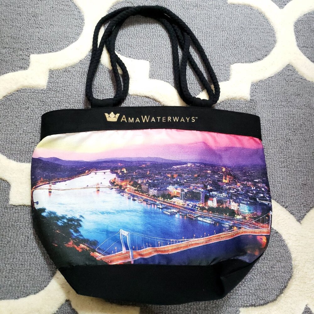 Black Tote Beach Travel Shopping Bag Canvas SF skyline City Colorful EUC